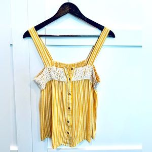 Yellow and white striped tank with functional wood buttons and crotchet details